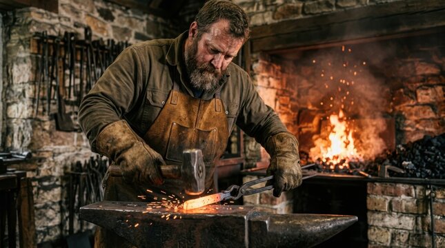 Blacksmith shaping metal on anvil in workshop for industrial craft