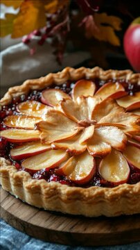 A delicious pie with a flaky crust, filled with fresh fruit, on a wooden cutting board.