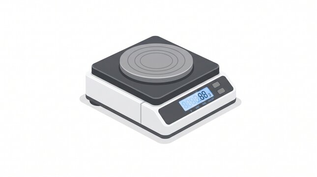 Precision Digital Scale Flat Illustration &ndash; Modern laboratory weighing instrument with electronic display, isolated on white background for science, measurement, and accuracy concepts.