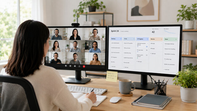 Project manager holding remote team sprint planning meeting