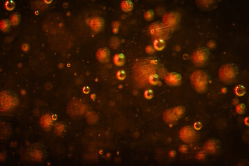 Golden oil droplets drift through a dark amber liquid in a soft macro. Concept food branding, cosmetic packaging, abstract backgrounds, banners and advertising. © kinomaster