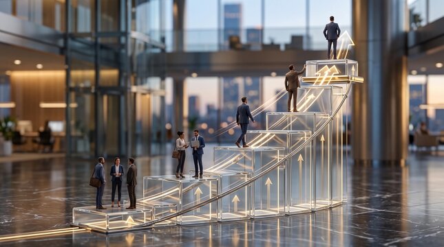 Business professionals walking up glowing glass stairs representing corporate career growth and leadership success within a large modern office building featuring bright golden lighting effects