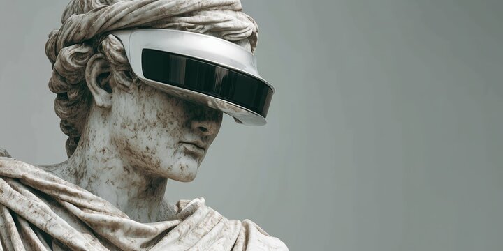 Ancient marble statue wearing futuristic virtual reality headset, blending classical art with modern technology against a neutral grey background.
