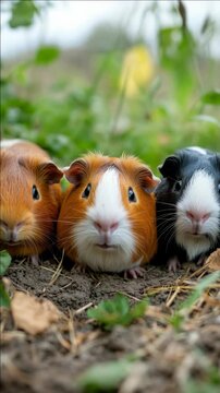 Three guinea pigs peering out from a garden bed with dirt and plants. They have white, brown, and black fur.