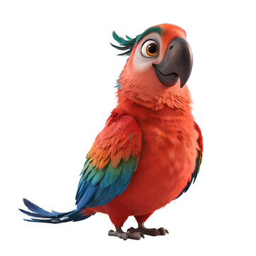 Cute 3D cartoon parrot character with vibrant red feathers isolated on white background