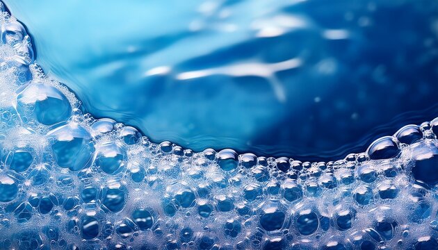 soap sud transparent foam on blue water background