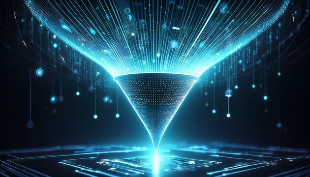 futuristic digital sales funnel with glowing particles symbolizing data filtering lead generation and business conversion on a dark technology background
