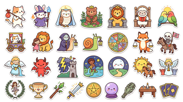 Kawaii tarot card sticker sheet with magical creatures and symbols. cute fantasy design with kawali