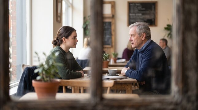 Older Client Meeting Hired Companion In Quiet Daytime Cafe Interior