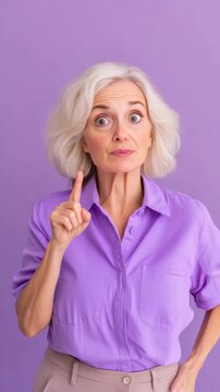 Elegant senior woman gestures thoughtfully with one finger. She wears purple shirt and smiles gently. Her hair is short, silver, and styled neatly. She stands against a solid purple background
