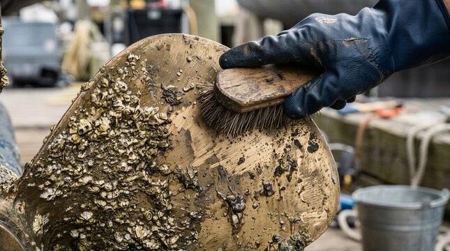 Shipyard Worker Cleaning Barnacles off Bronze Boat Propeller - Marine Hull Maintenance Concept