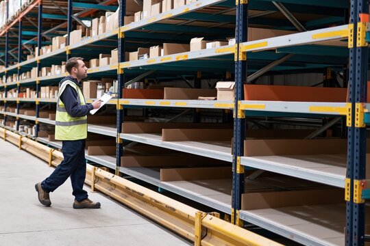 Warehouse manager inspecting low stock levels and nearly empty shelves, identifying inventory shortage and supply chain disruption