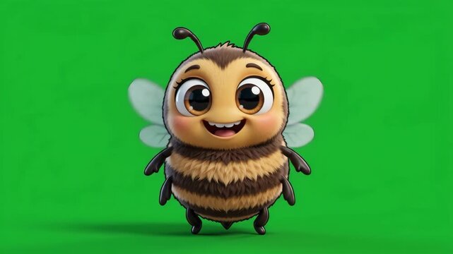 Cute cartoon bee with big eyes and a happy smile, standing on a green screen background, perfect for children's content.