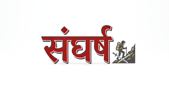 Struggle devanagari script word sangharsh meaning struggle with climber on mountain.