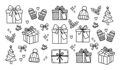 Christmas Doodle Set with Gift Boxes Mittens Beanie Hats and Holly Berries Line Art Collection