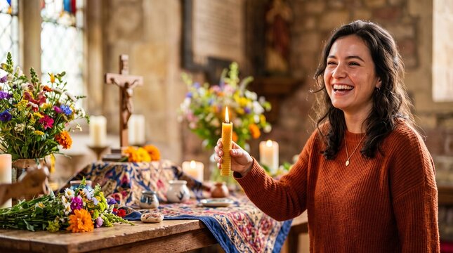 Hand holding a lit candle on an altar, Young woman smiling and arranging flowers at a church altar