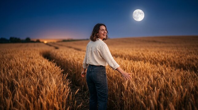 Moonlight on ripe wheat field, Young woman walking in wheat field at night under full moon  