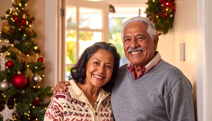 Fototapeta premium Happy senior couple celebrating Christmas together indoors.