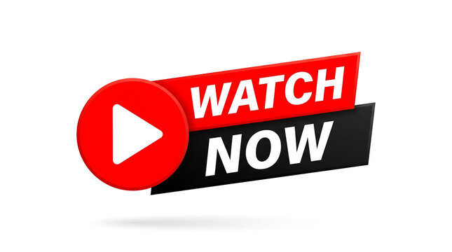 Bright red and black watch now button featuring a bold white play icon for media