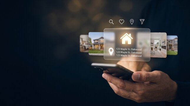 Real Estate App Concept with Hand Holding Smartphone Showing Digital House Icon and Location Pin Interface