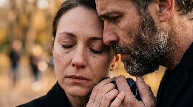 emotional close-up portrait of a man tenderly kissing a grieving woman on the forehead while holding her shoulder. Dressed in black mourning attire, the woman holds a handkerchief in her hands with cl
