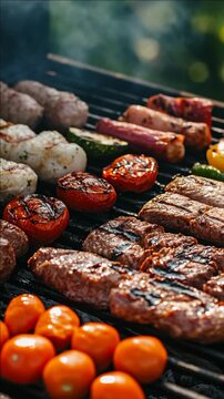 Grilled meats sizzle on a barbecue grill. Tomatoes and zucchini char over open flames. Smoky aroma rises from the cooking food. Plump cherry tomatoes sit beside grilled steaks
