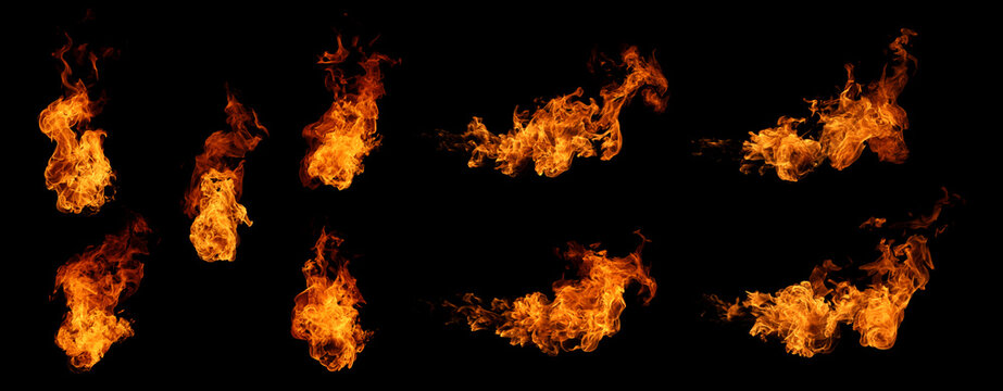 Set of real fire flames isolated on black background. Collection of bright orange burning fire elements, perfect for design overlays, creative compositing, and cinematic special effects projects.