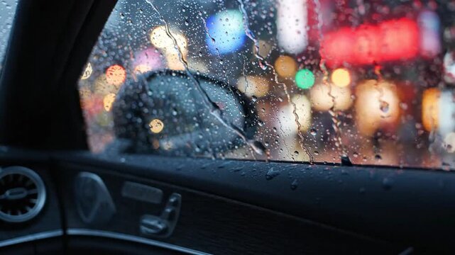Raindrops Traveling Down Car Window Glass During Atmospheric Rainstorm