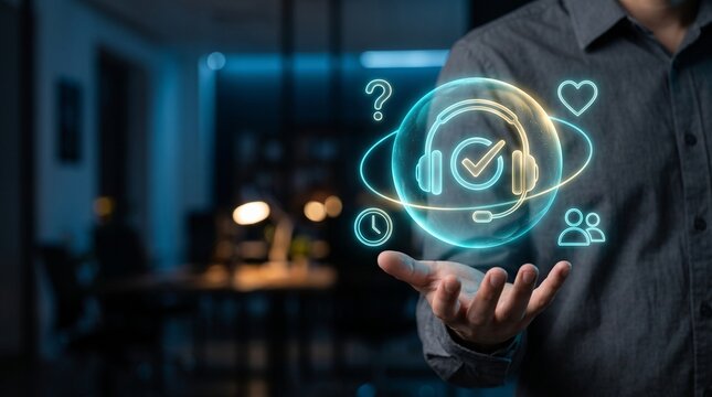 Customer Service Support Concept with Businessman Hand Showing Headset Icon and Digital Help Icons at Night