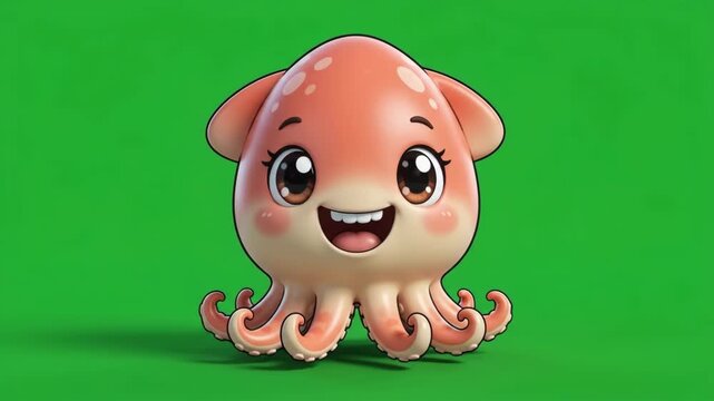 Cute Cartoon Squid Character with Big Eyes and Happy Smile on Green Screen.