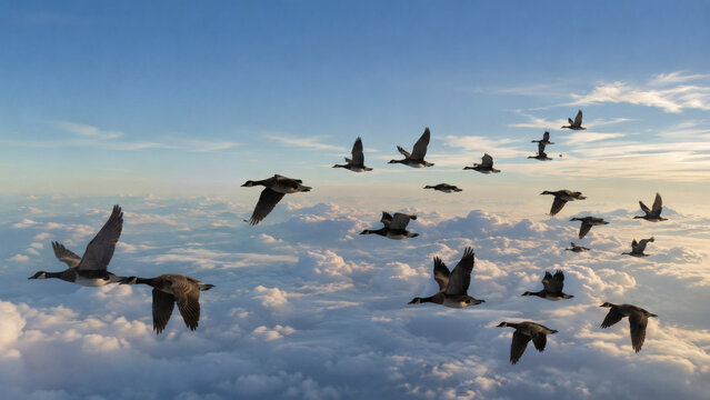 Photorealistic wildlife documentary photo of a flock of birds flying high above the clouds while some birds are resting during flight, vast blue sky, soft clouds below, natural behavior, realistic bir