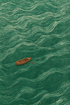 A small, empty wooden rowboat drifts alone on a vast, textured green sea with undulating waves.