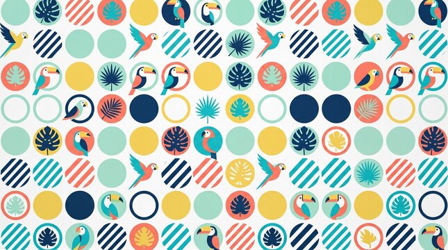 Colorful Tropical Pattern with Birds and Leaves Design.