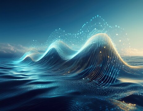 digital wave made of interconnected data points rises against serene ocean backdrop symbolizing fusion of technology and nature