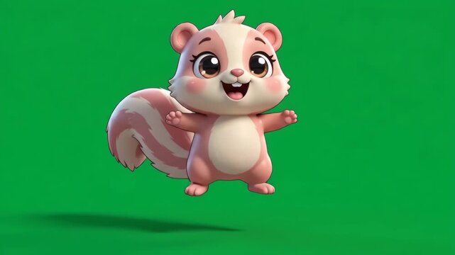 Cute cartoon squirrel with pink and white fur, big eyes, and a happy expression, standing on a green screen.