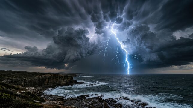 Dramatic lightning bolt striking over a stormy ocean beside rugged coastal cliffs, with dark thunderclouds and rough waves creating a moody seascape for weather and nature themes for advertising and e