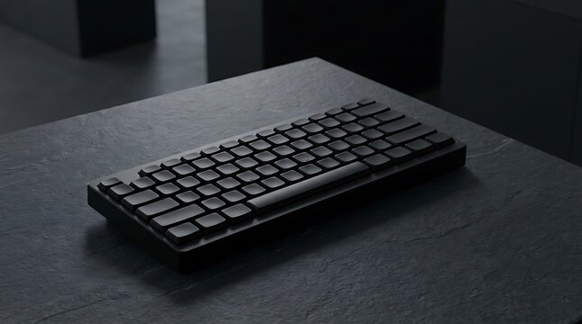 A sleek, black wireless keyboard with a low profile and dark keycaps is placed on a dark, textured stone surface, with a blurred dark