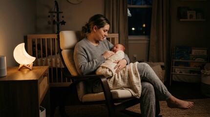 Fototapeta premium Mother cradling sleeping newborn in a cozy nursery chair at night, lit by a soft moon lamp, creating a calm home parenting scene for family care and early motherhood themes for advertising and editori