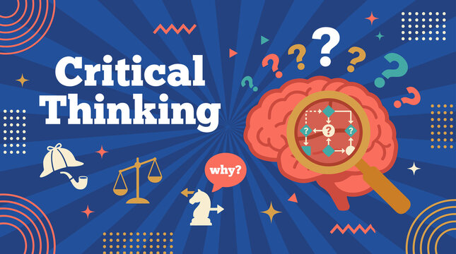 Critical thinking concept with brain, magnifying glass, question marks, chess knight and detective hat on blue background