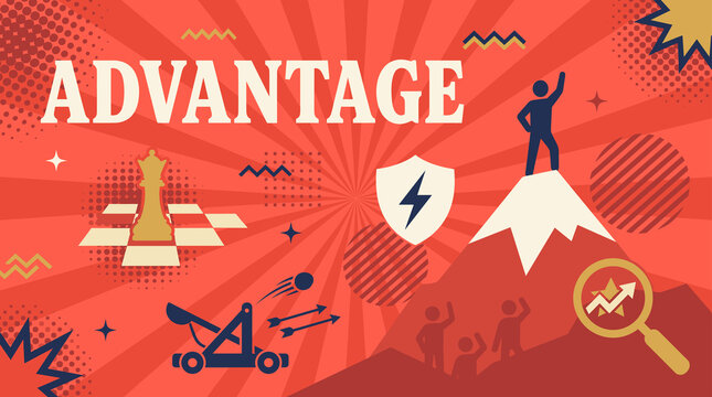 Advantage concept with chess queen, victorious figure on mountain and shield on red background