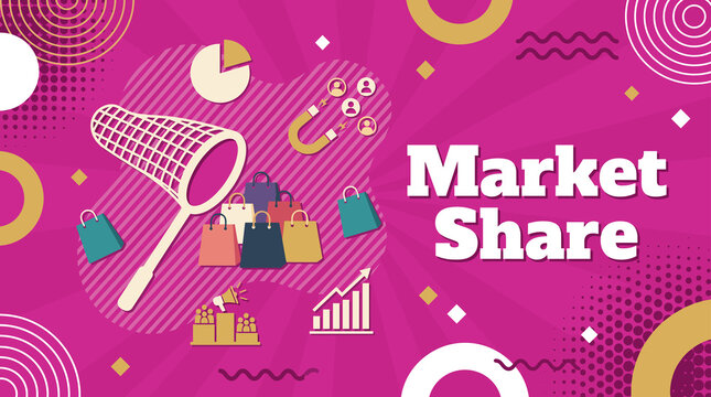 Market share concept with butterfly net catching shopping bags and customer magnet icons on pink background