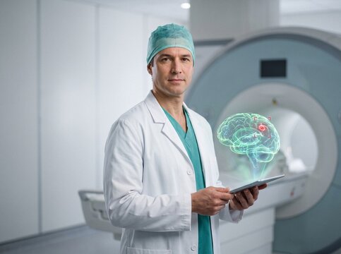 Neurosurgeon holding tablet projecting 3D holographic brain scan with red tumor marker in front of MRI machine