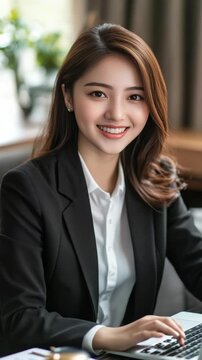 A young woman dressed in a business suit is smiling while working on her laptop. She is sitting at a desk with a blurred background suggesting an office environment.