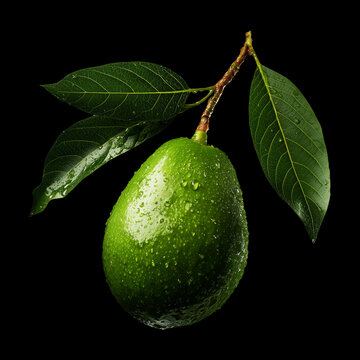 Fresh whole avocado with green leaves isolated on black background with clipping path, concept freshness and organic produce