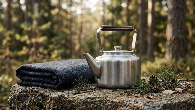 Stainless steel kettle on a log in a forest isolated on white background, illustration