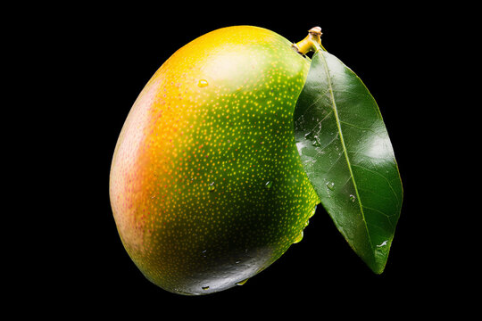 Ripe mango with leaves isolated on black background with clipping path, concept of freshness and tropical nutrition
