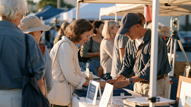 Palm reader works a crowded street fair with a diverse team of alternative wellness practitioners nearby, clients lined up as a surveyor's total station tripod stands visible at