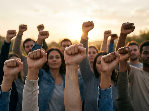 Group of people raising fists in protest