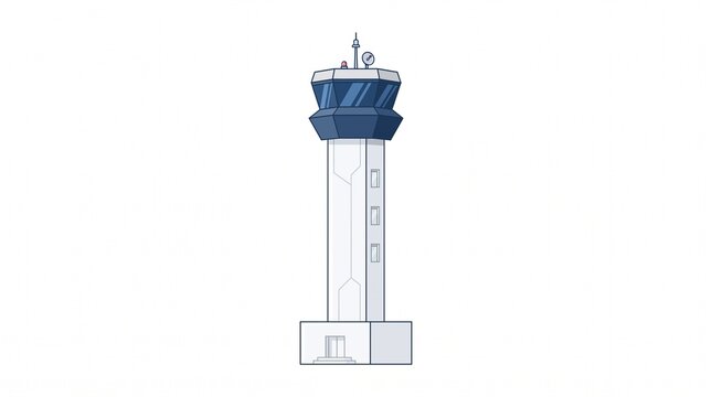 Air Traffic Control Tower Flat Illustration &ndash; Modern aviation control tower with blue observation cabin, isolated on white background for airport, aviation, and transportation designs.