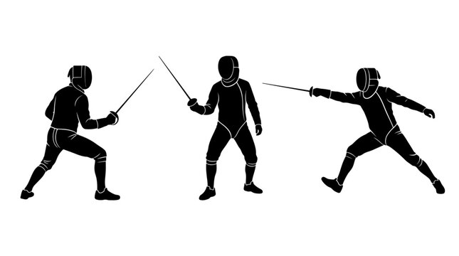 Fencing silhouettes showing athletes in foil dueling stances.